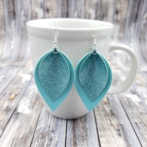 Aqua blue glitter double  Faux Leather Earrings!